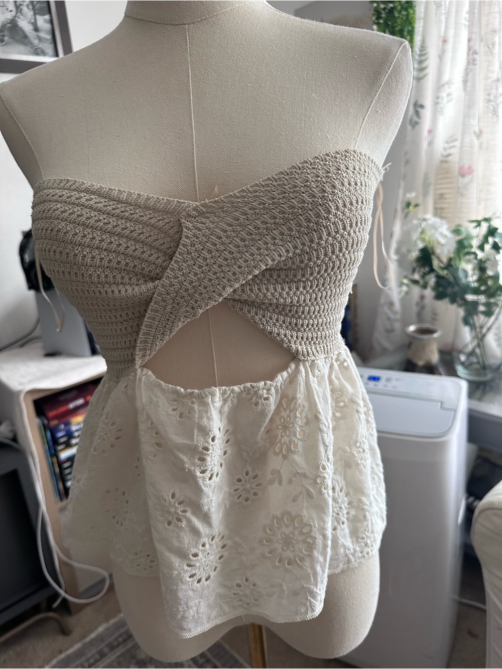 Zara Strapless Crochet Twist Bodice Eyelet Peplum Dress in Cream